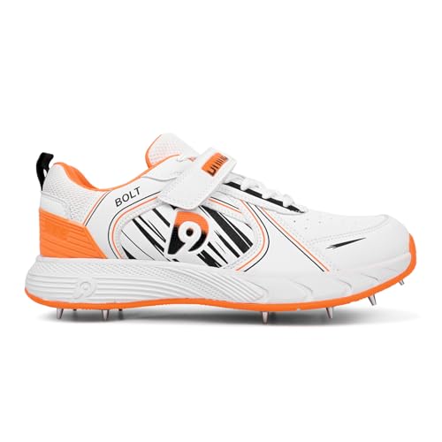 Image of DNINE Bolt Men Bowling Spikes Cricket Shoe White Orange & White Blue