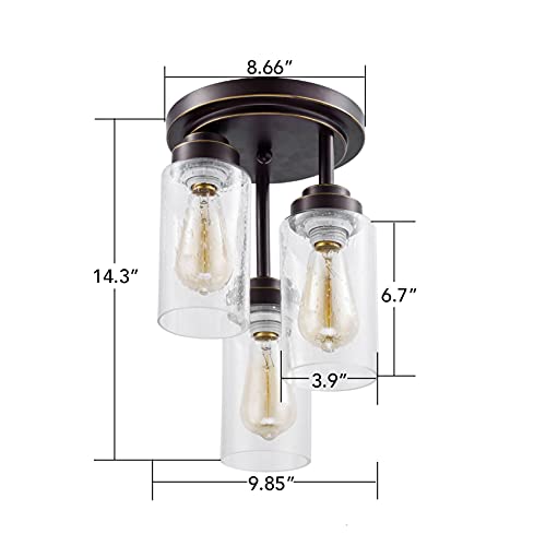 Image of DAYCENT Vintage Farmhouse Flush Mount Ceiling Light Fixture Hallway Kitchen Lighting with Cylinder Seeded Glass, 3-Light, Oil Rubbed Bronze