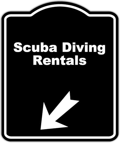 Scuba Diving Rentals Black Sign Arrow Down Left Aluminum Composite Sign 15 x 18 inches