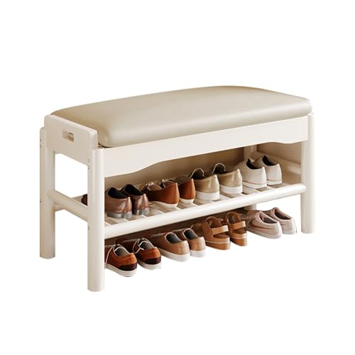 Banc à chaussures en bois massif blanc crème avec coussin en cuir pour entrée