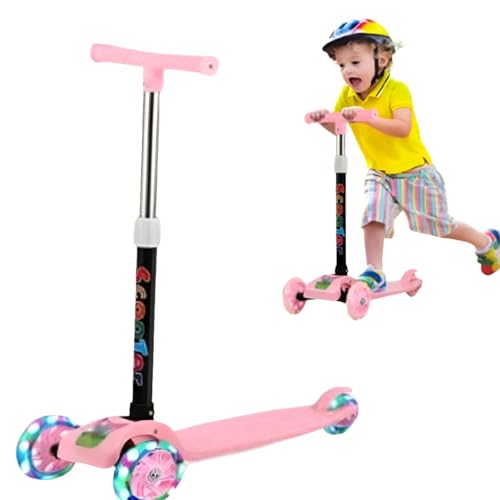 NTEK Kids 3 Wheel Scooter – Adjustable Height Foldable Kick Scooter for Boys & Girls – Lean-to-Steer Toddler Scooter with LED Flashing PU Wheels – Safe & Lightweight Gift for Children (PINK)