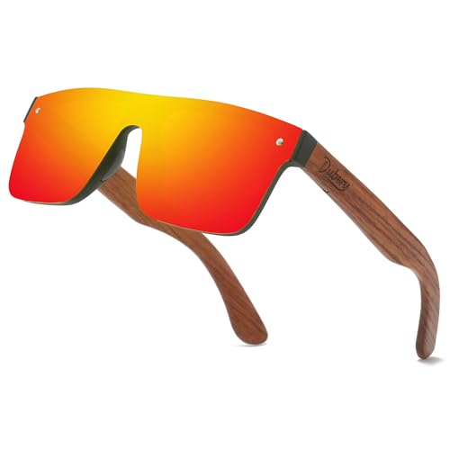 DUBERY Trendy Rimless Wood Sunglasses Polarized Flat Top Sun Glasses with Wooden Temple D219 Red