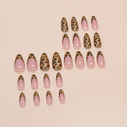 Image of Leopard Press on Nails Gold Glitter Fake Nails Medium Almond False Nail with Design Nude Glue on Nails Artificial Acrylic Full Cover French Tip Stick on Nail for Women Nail Art Decoration 24Pcs