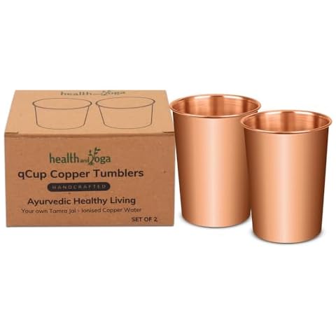 HealthAndYoga™ qCup Pure Copper Tumblers for Drinking - Ayurvedic Health Pure Copper Cups – 2 pcs. set - 250 ml.(8 fl oz) (Plain) Cover