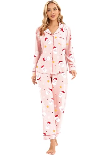 Image of LUBOT Christmas Pajamas for Women 100% Cotton Pajama 2 Piece PJ Set Soft Long Sleeve Button Xmas Print Loungewear XS-XXL