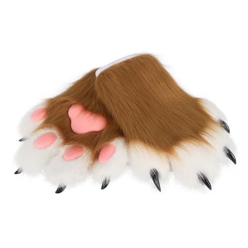 hbbhml Faux Fur Plush Furry Cat Claw Gloves Fursuit Animal Fox Paws Mittens Halloween Cosplay Costume Accessories for Adult