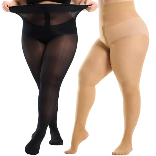 2 Pairs Plus Size Tights for Women,Semi-Sheer T-Crotch Rip Resistant High Waist Pantyhose with Reinforced Toes