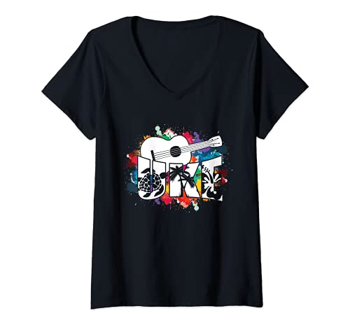 Womens Uke Colorful Guitar Musician Acoustic Hawaiian V-Neck T-Shirt, Black