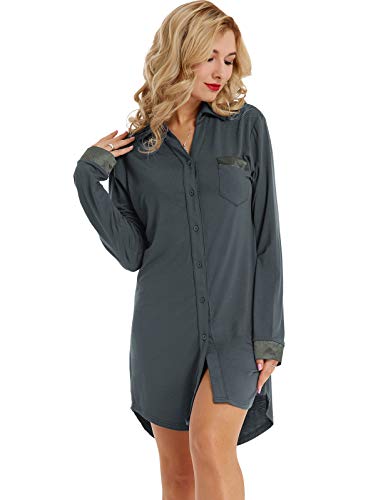 Zexxxy Women Button Down Pajama Lapel Sleep Shirt Long Sleeve Pajama Shirt Soft Cotton Night Shirt Dark Grey M