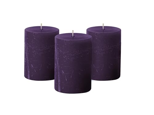 Simply Soson Purple Plum Rustic Texture Pillar Candles 3x4 inch - Set of 3 - Unscented Decorative Purple Candles, No drip Candle, Ideal as Large Candle for Home Decor, Weddings, Holidays