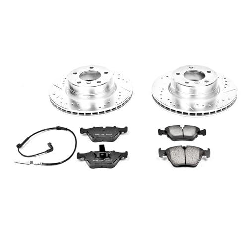 Image of PowerStop Front Brake Kit for BMW 525i 2004-05 - Drilled and Slotted Disc Rotors with Carbon-Fiber Ceramic Brake Pads Replacement, K5156
