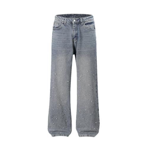 Men’S Print Straight Leg Denim Jeans with Button Fly Mid Waist High Street Patchwork Pants