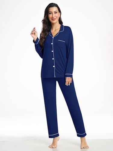 Womens Modal Button Up Pajamas 2 Piece Long Sleeve Comfy Pjs Sleepwear Soft Pajama Lounge Set Loungewear S-3XL2