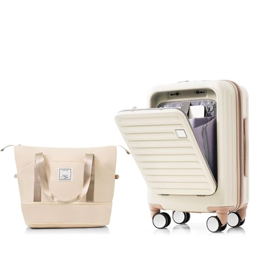 20-Inch Carry-On Luggage Set, ABS Hard Shell Two-Piece Travel Bag with USB Port, Cup Holder, Expandable Hardside Suitcase, Airline Approved Carry-On Spinner (Ivory and Gloden, 20-Inch)