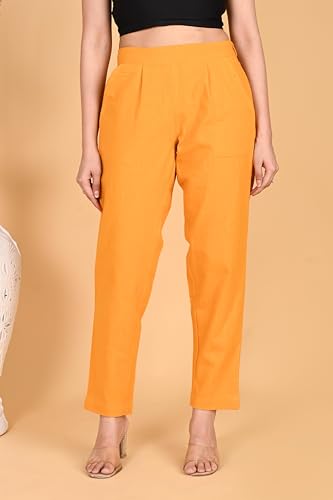 Image of Women's Solid Straight Fit 100% Cotton Trousers | High Waist, Side Pockets, Ankle Length Pants for Office, Casual