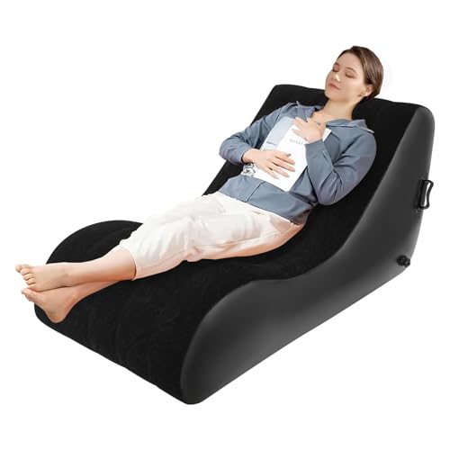 WOQLIBE Inflatable Sofa Bed with Air Pump, 440lbs Heavy Duty Foldable Lounger for Adults/S-Shape Ergonomic Design Waterproof PVC & Flocking Fabric, Portable for Indoor/Outdoor (Black)