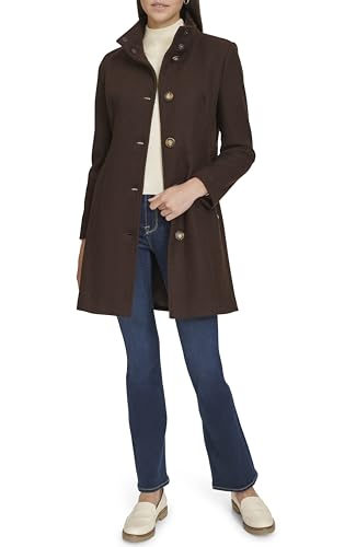 Calvin Klein Women's Faux Wool Coat – Long Button Front Dress Coat with Stand Collar, Chocolate, S