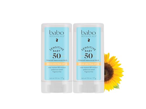 BABO Botanicals Sensitive Baby Mineral Sunscreen Stick SPF 50-70% Organic Ingredients - Zinc Oxide - NSF & Made Safe Certified - EWG Verified - Water Resistant - Fragrance-Free - for Babies & Kids