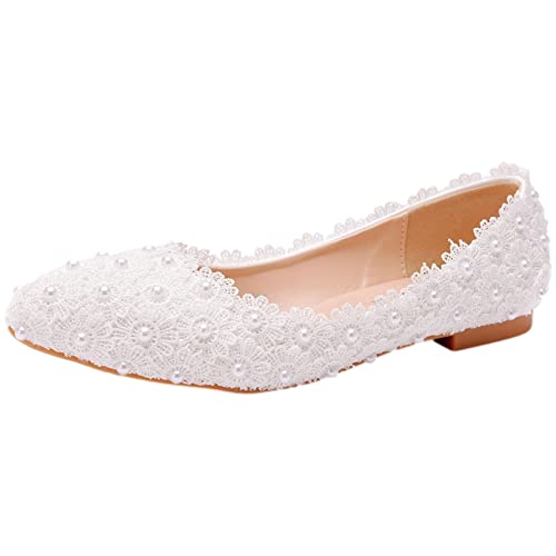 ANUFER Womens Elegant Pointed Toe Flower Lace Pearls Bridal Shoes Pumps Soft Sole Ballet Flats