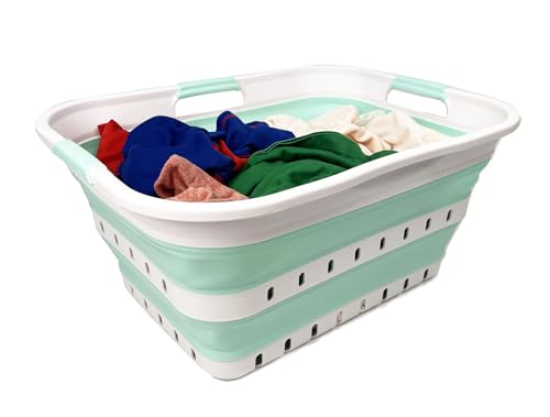 Image of SAMMART 42L (11 gallon) Collapsible Plastic Laundry Basket - Foldable Pop Up Storage Container /Organizer - Space Saving Hamper /Basket (1, White /Light Green)