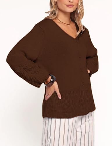 Women’s V Neck Knitted Cardigan Long Balloon Sleeve Button Down Front Sweater Casual Contrast Knitwear3
