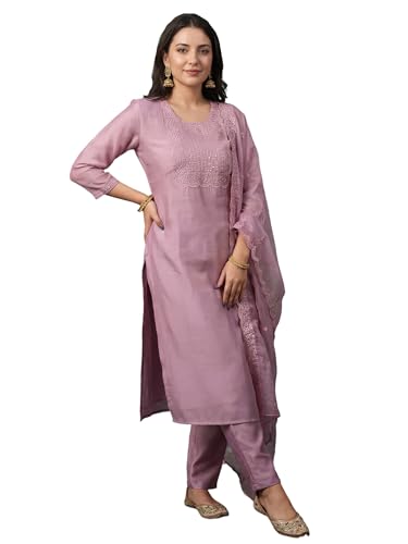 Image of INDO ERA Solid Straight Pure Cotton Kurta with Pant & Dupatta Set for Women