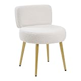 Warmiehomy Dressing Table Stool with Gold Legs and Tufted Back Comfy Makeup Vanity Stool Chair for Dressing Table, Bedroom, Living Room, White, Teddy Velvet