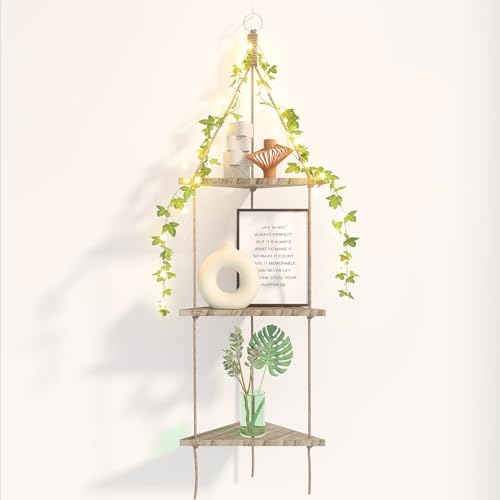Image of Fixwal Artificial Ivy Hanging Corner Shelf with Led-Strip, Boho Macrame Triangle Hanging Shelves Wall Decor, Rustic Wood Wall Storage Shelves for Bedroom, Living Room, Bathroom, Plants Decor