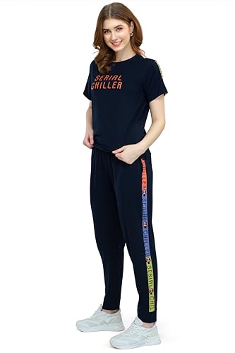 Image of ZEYO - Women's Cotton Typography Side Striped Night Suit Set of Top & Joggers Pajama Set