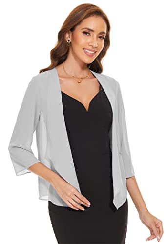 Womens 3/4 Sleeve Casual Open Front Bolero Cardigans Soft Chiffon Lightweight Sheer Shrugs For Dresses(Silver,S) #TOP12