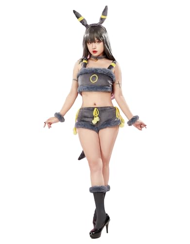 Anime Cosplay Pajamas Set for Women Fluffy Crop Top and Panty 2 Piece Flannel Lounge Set Cartoon Sleepwear