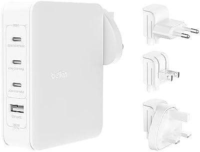 Belkin cargador de pared GaN con 4 puertos de 140 W, 3 puertos USB-C Power Delivery para carga rápida y 1 puerto USB-A, iPhone, Samsung Galaxy, Google Pixel, iPad, MacBook, portátil, tableta y otros