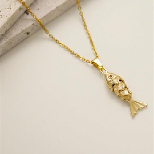 Articulated Fish Pendant Necklace, Gold-Tone Chain, Crystal Eye Detail2