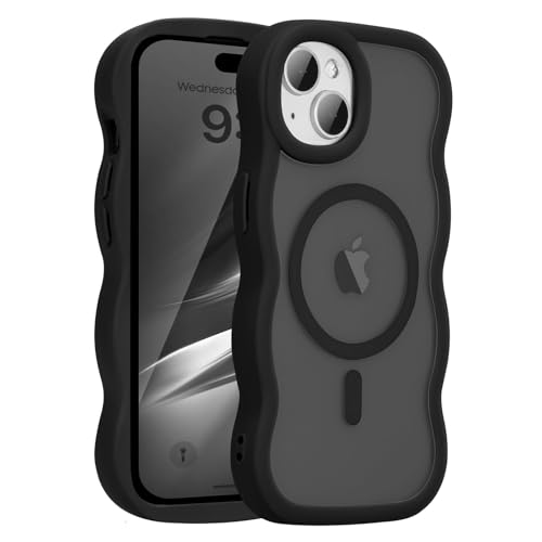 UEEBAI 対応 iPhone 15 用の ケース 透明 TPU ウェーブデザイン スマホケース クリア 可愛い 人気 おしゃれ ケース MagSafe対応 薄型 軽量 耐衝撃 波型 バンパー スマホケース - ブラック