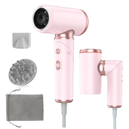 Travel Hair Dryer Dual Voltage for Europe Foldable, High Speed Ionic Blow Dryer Fast Drying,100-240V Portable Dryers with Magnetic Nozzles,1300W, Pink