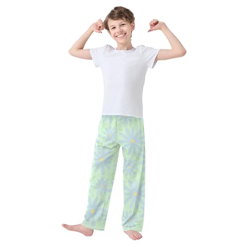 Blue Green Flower Boys Pants Boys Athletic Pants Long Pant for Boywith Pockets Wide-Leg Size 6-14Y3