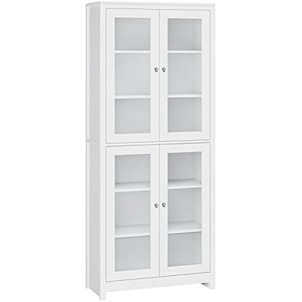 FOREHILL Szafa na książki, witryna, wysoka szafka z 4 drzwiami, 6 półkami, szafka na akta, szafka do salonu, kuchni, jadalni, biura, biała, 190 cm