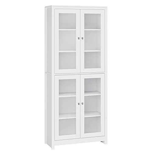 FOREHILL Szafa na książki, witryna, wysoka szafka z 4 drzwiami, 6 półkami, szafka na akta, szafka do salonu, kuchni, jadalni, biura, biała, 190 cm