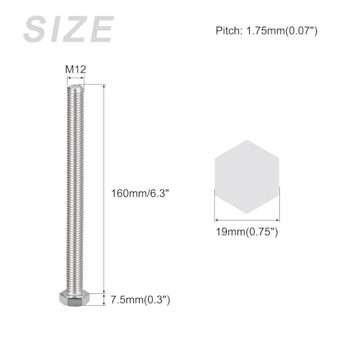 Image of METALLIXITY Hex Bolts (M12-1.75x160mm) 2Pcs, 304 Stainless Steel Coarse Fully Threaded Hex Head Screw Bolt Machine Screws - for Furniture Repair, Silver