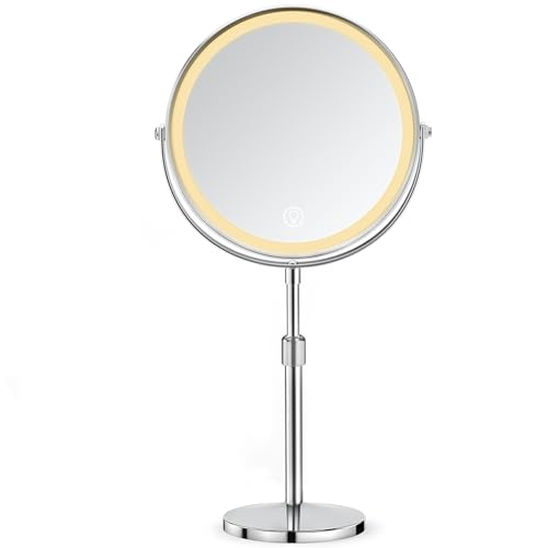 AIMAX Specchio trucco con luci e specchio ingranditore 10x/1x doppia faccia, Ricaricabile USB, Rotazione 360°, Altezza regolabile 38-48 cm, 3 colori luce dimmerabile, Batteria 2000 mAh, Argento