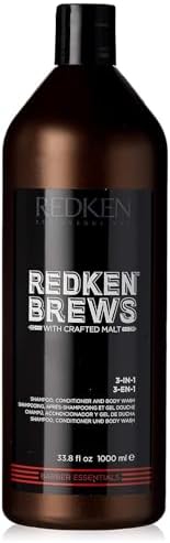 Redken Brews 3-IN-1 Shampoo, Conditioner, Body Wash for dry hair, all skin types. Cleanses, moisturizes, conditions hair; nourishes, softens skin. Perfect for gym, travel.
