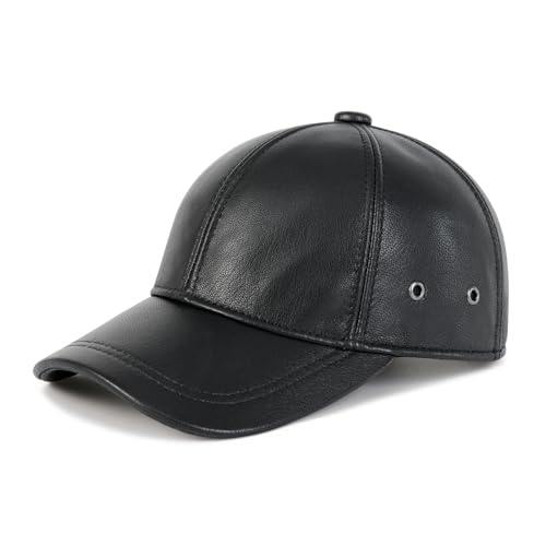 FEINION Mens Leather Hat Adjustable Genuine Leather Baseball Cap (Black)