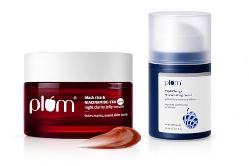 Image of Plum Clear & Firm Skin Duo | Black Rice & Niacinamide-TXA 10% Night Clarity Jelly Serum 25g + PeptiCharge Rejuvenating Creme 30g | Reduces Dark Spots, Acne Marks & Improves Skin Firmness