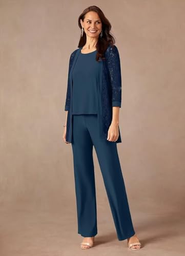 Chiffon Mother of The Bride Pantsuits with Jacket Lace 3/4 Sleeve Formal Pant Suits for Wedding Guest KW0093