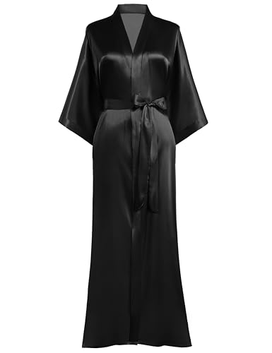 PRODESIGN Morgenmantel Damen Bademantel Satin Kimono Lang mit Gürtel...