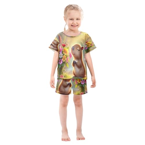 Capybara Flowers Pajama Set Short Sleeve Pajamas Shorts Sets Cotton PJS 2 Piece Clothes Set 5Y3
