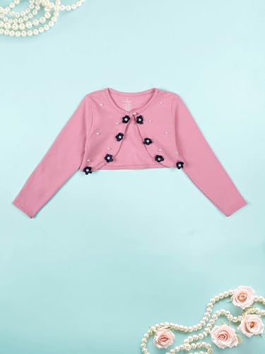 Image of KiddoPanti Girls Fleece Crop Length Shrug | Cotton Poly Fleece Fabric |Sequin Patch on Chest | Front Open Pearl Button Closure | Crop Length, Full Sleeve | Lightweigth & Breathable Girls Shrug