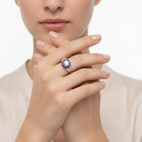 Image of Rose Gold Plated Diamond CZ & Blue Sapphire Petal Halo Engagement Ring for Women, Petite Round Shape Wedding & Everyday Jewelry, Handmade Gift for Wife US Size 4-12