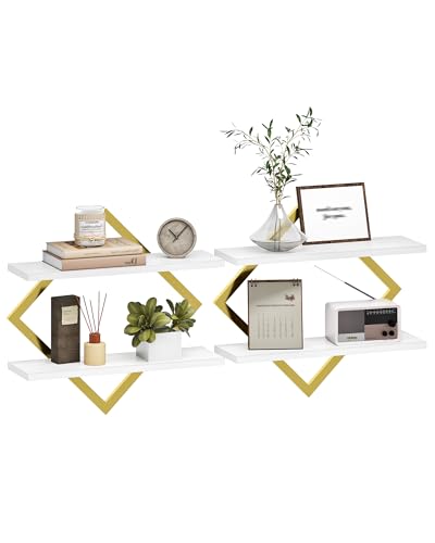 Image of CHOEZON Floating Shelves for Wall, Set of 2 Wall Mounted Shelves, 2-Tier Hanging Shelves, for Living Room, Bedroom, Kitchen, Office, Study, Gold and White TBJ01P2JW