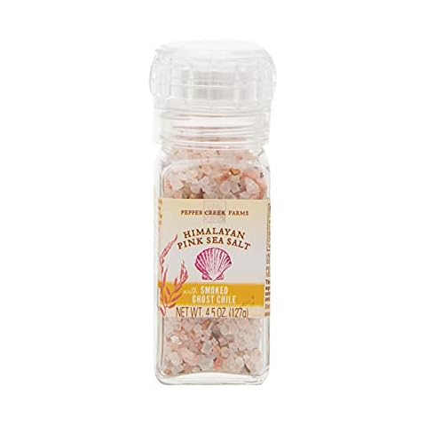 Pepper Creek Farms Himalayan Pink Sea Salt with SMOKED GHOST CHILE PEPPERS - 4.5 Ounce Grinder Jar - A Hot and Spicy Culinary Delight! Cover